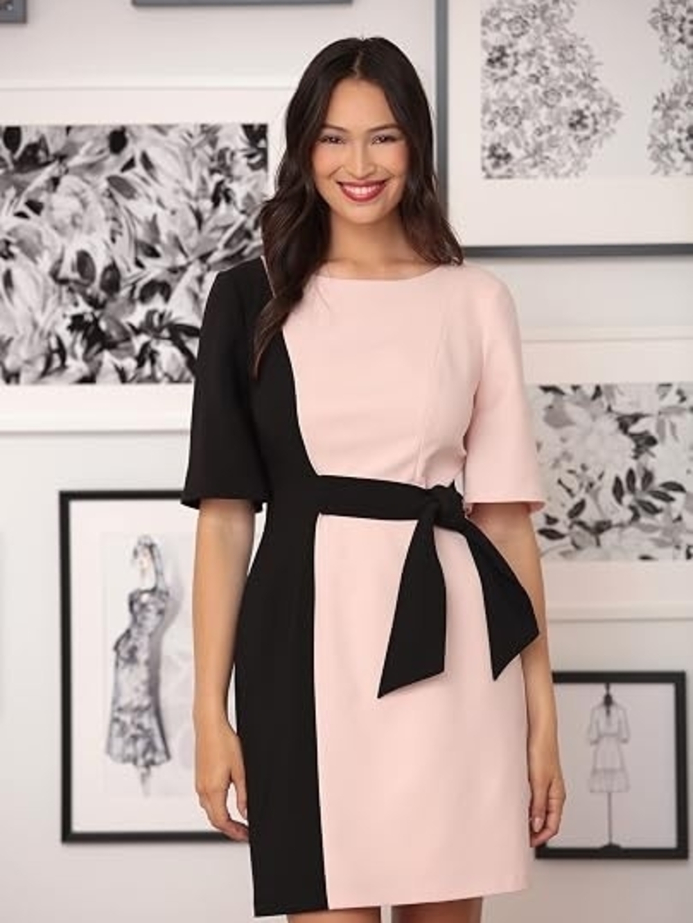 London Times Pink and Black Tie-Waist Colorblock Midi Dress